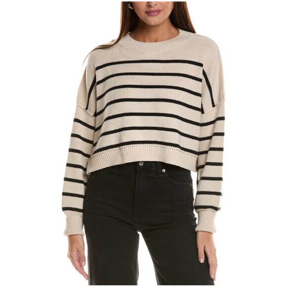 NWT Free People Ivory & Black Oversized Striped Crop Boho Pullover Sweater Med - Picture 1 of 8